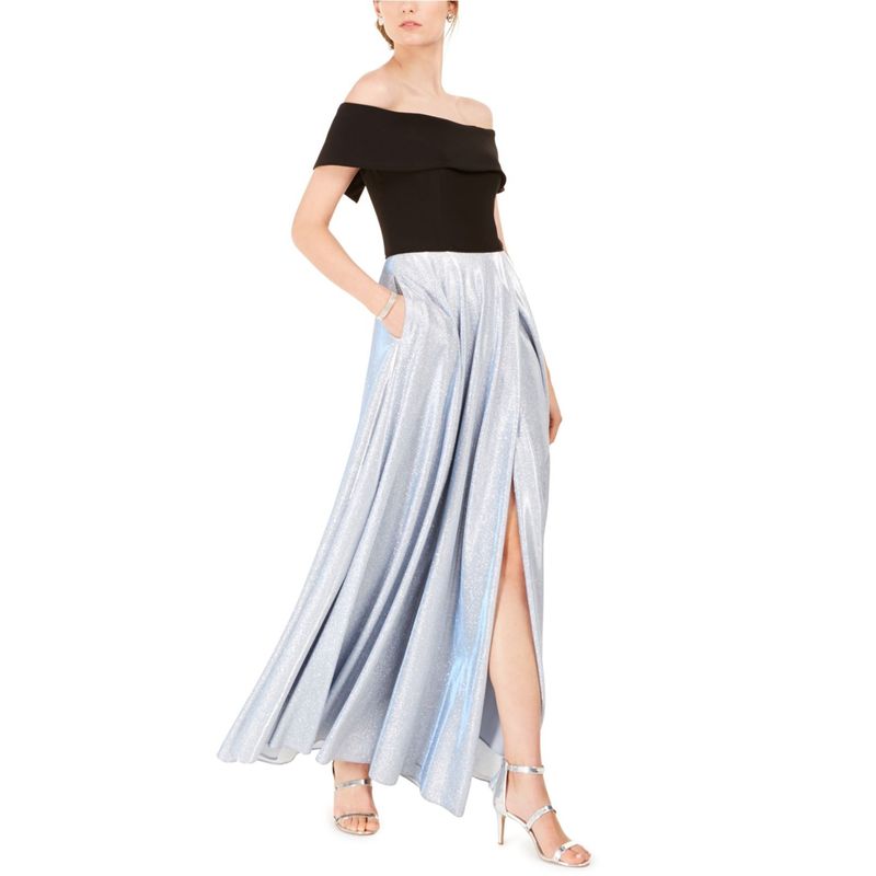 Betsy & Adam Black Strapless Bodice With Silver Iridescent Maxi Skirt